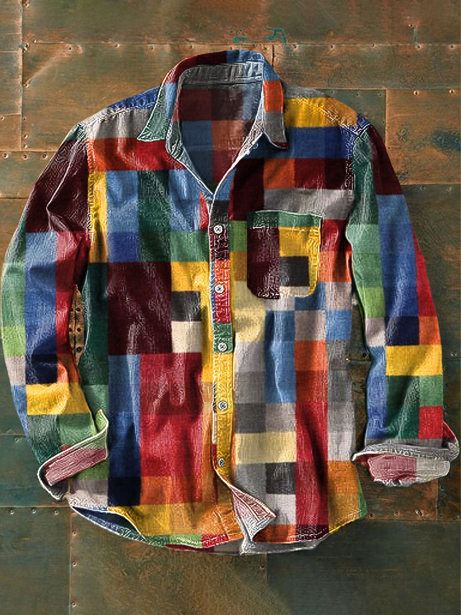 Chemise de poche à manches longues à revers imprimée vintage unisexe simple couleur arc-en-ciel coloré / S