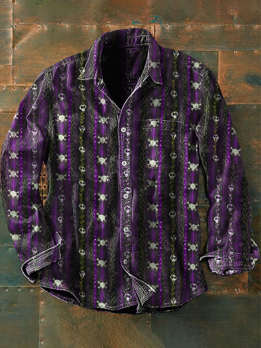Hommes en plein air Vintage Punk gothique mort vigne crâne motif décontracté coton chemise à manches longues Violet / S