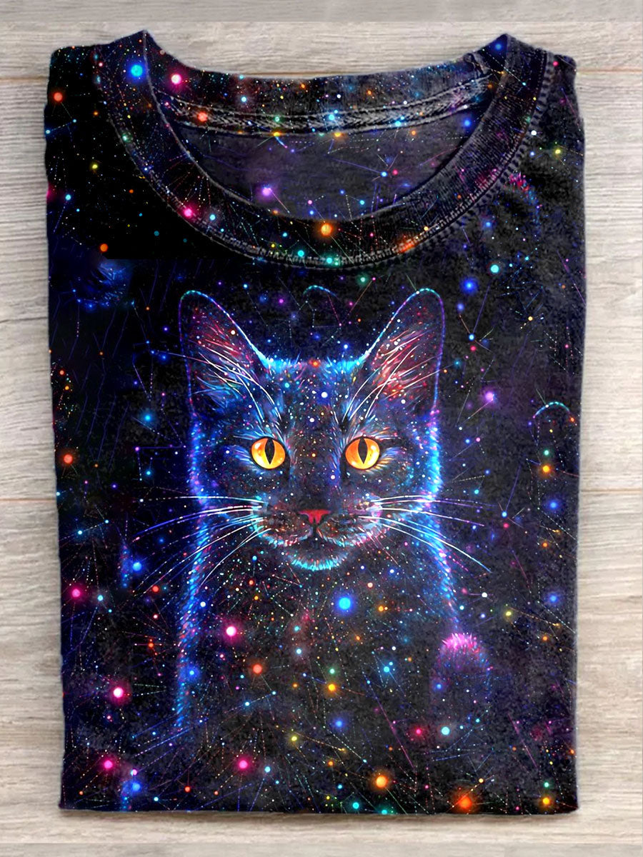 T-shirt décontracté imprimé unisexe fantaisie ciel étoilé chat Art Illustration comme image / S