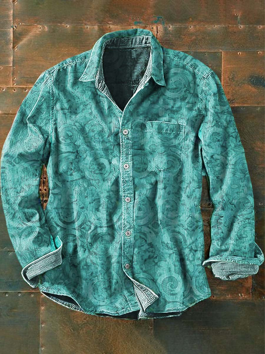 Chemise décontractée à manches longues à imprimé western vintage pour hommes Lac Bleu / S