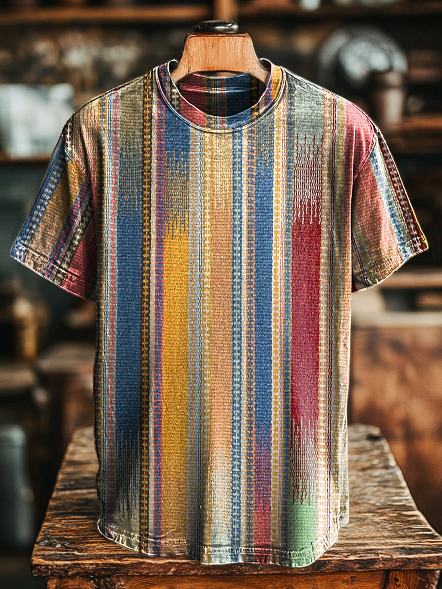 T-shirt unisexe à manches courtes décontracté rétro imprimé à rayures abstraites coloré / S