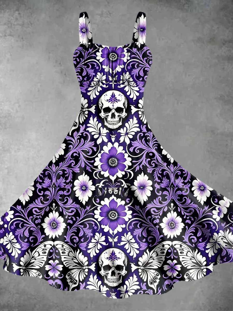 Robe à bretelles à imprimé vintage Halloween Skull pour femmes