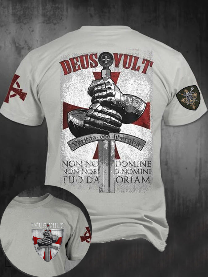 T-shirt imprimé croisés catholiques Deus Vult pour hommes Gris clair / S
