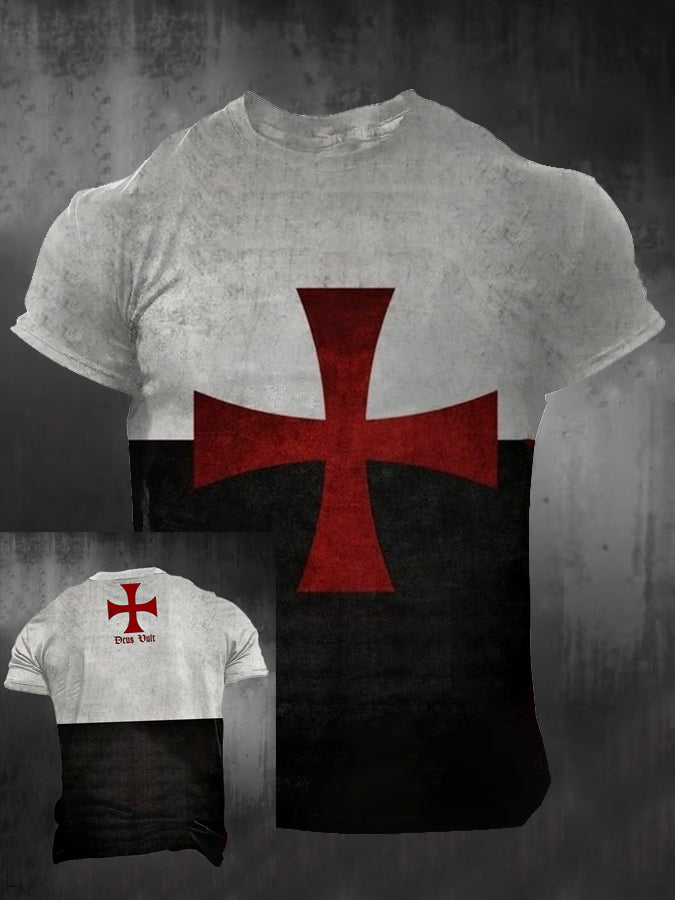 T-shirt imprimé croisés catholiques Deus Vult pour hommes noir et blanc / S
