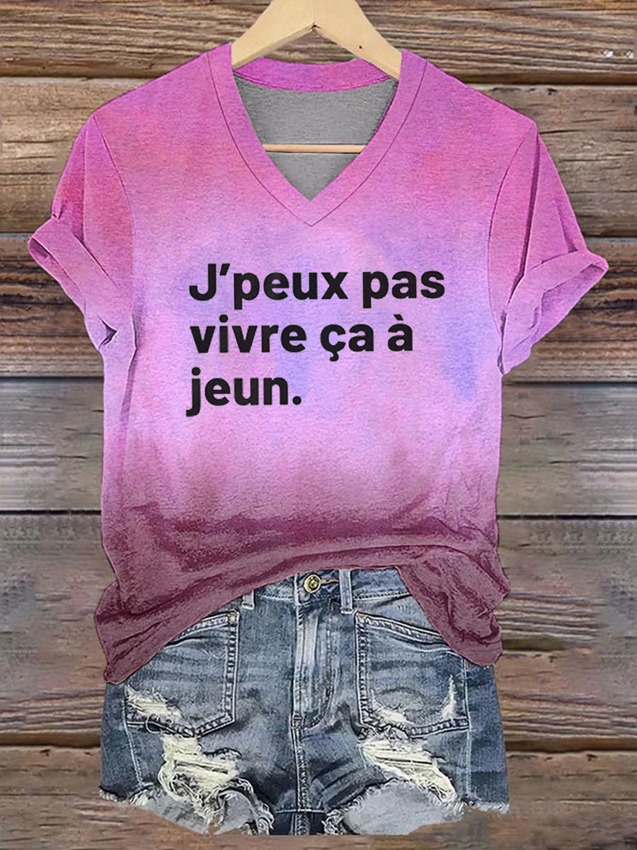 T-shirt à col en V imprimé blanc Slogan LVEB pour femme