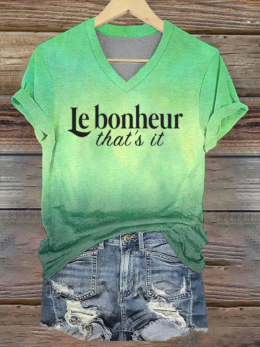T-shirt à col en V imprimé Le bonheur c'est tout