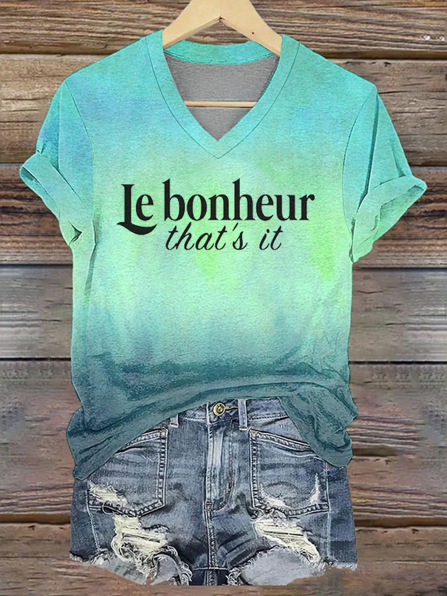 T-shirt à col en V imprimé Le bonheur c'est tout