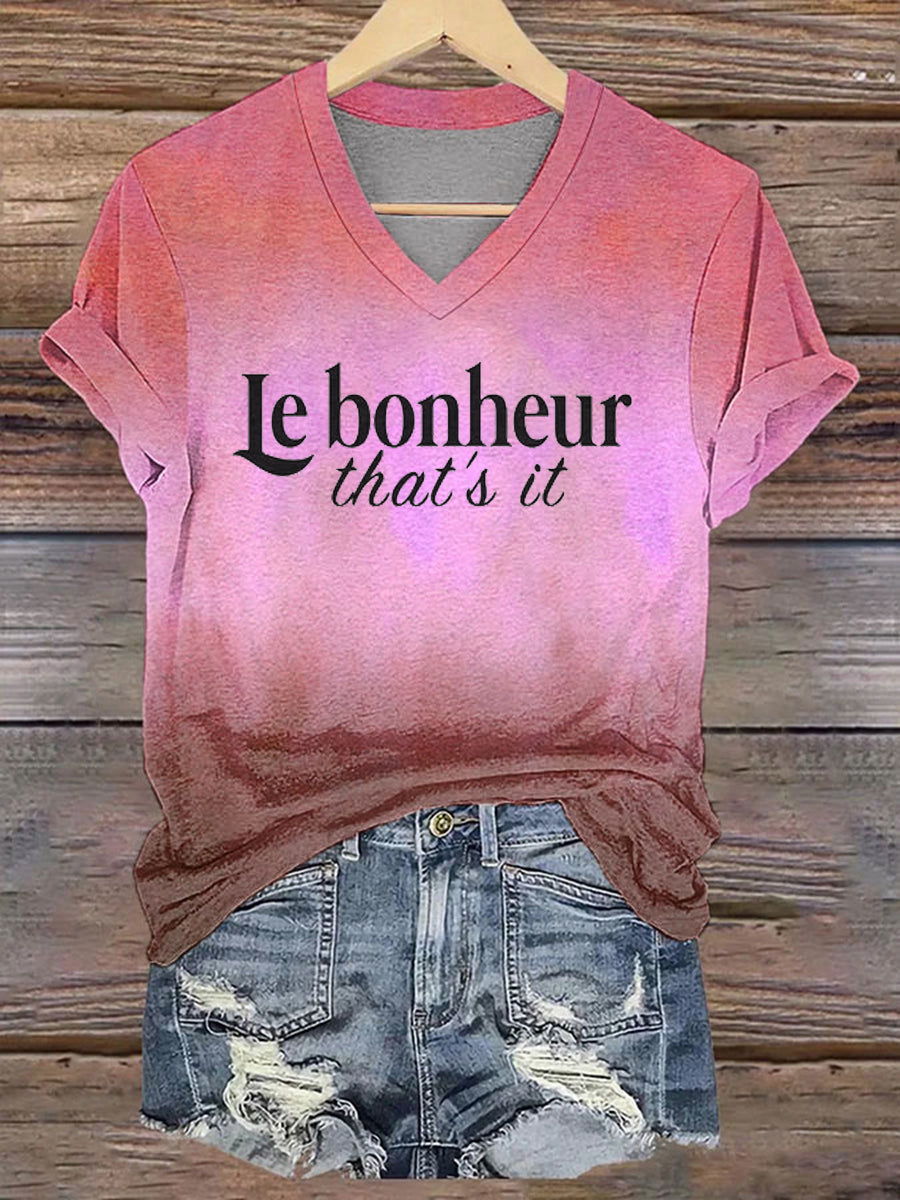 T-shirt à col en V imprimé Le bonheur c'est tout