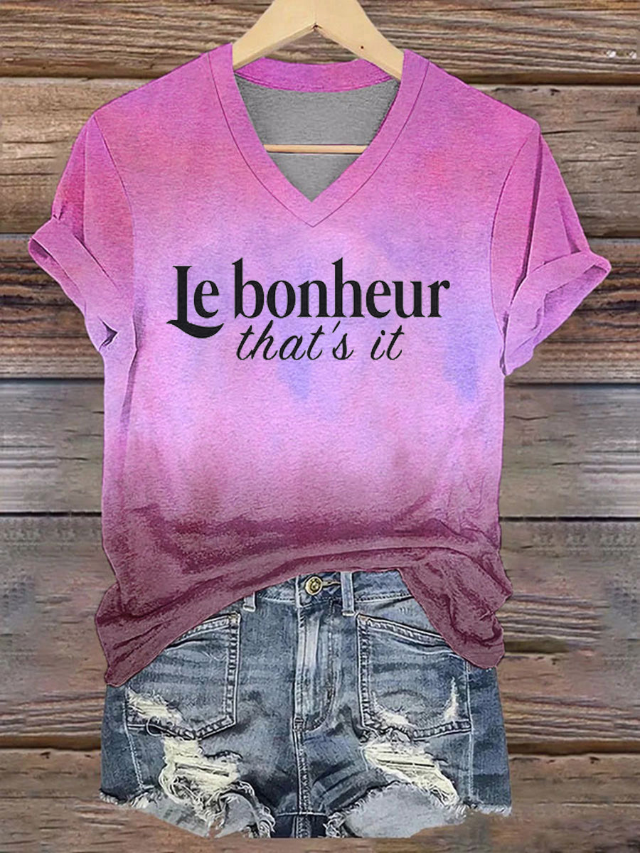 T-shirt à col en V imprimé Le bonheur c'est tout