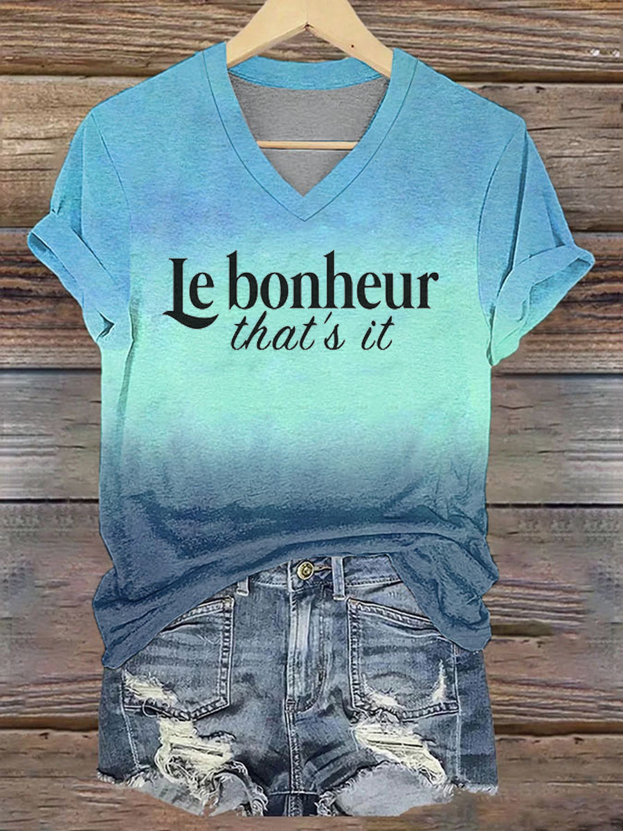 T-shirt à col en V imprimé Le bonheur c'est tout