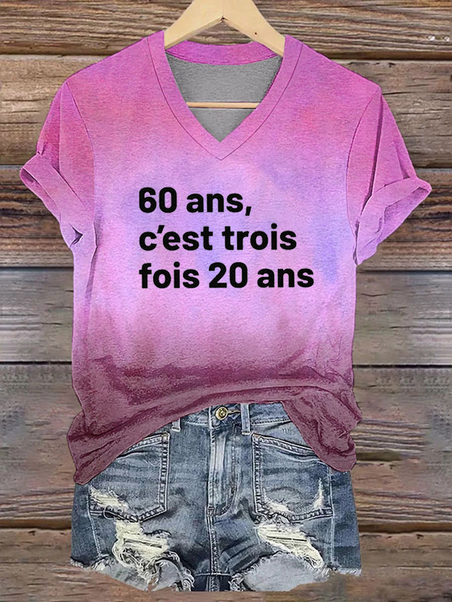 Tee-shirt col V imprimé Trois fois 20 ans noir Femme
