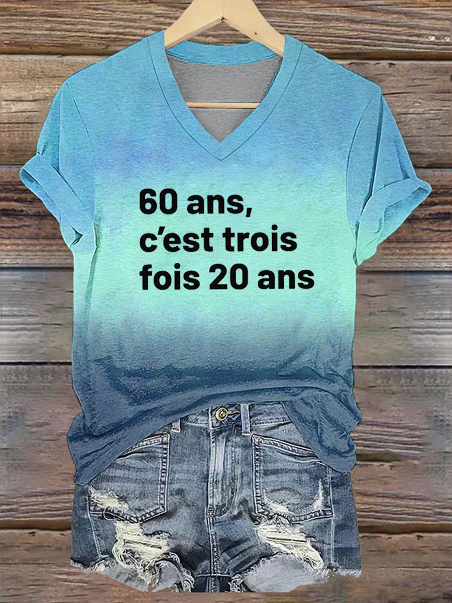Tee-shirt col V imprimé Trois fois 20 ans noir Femme