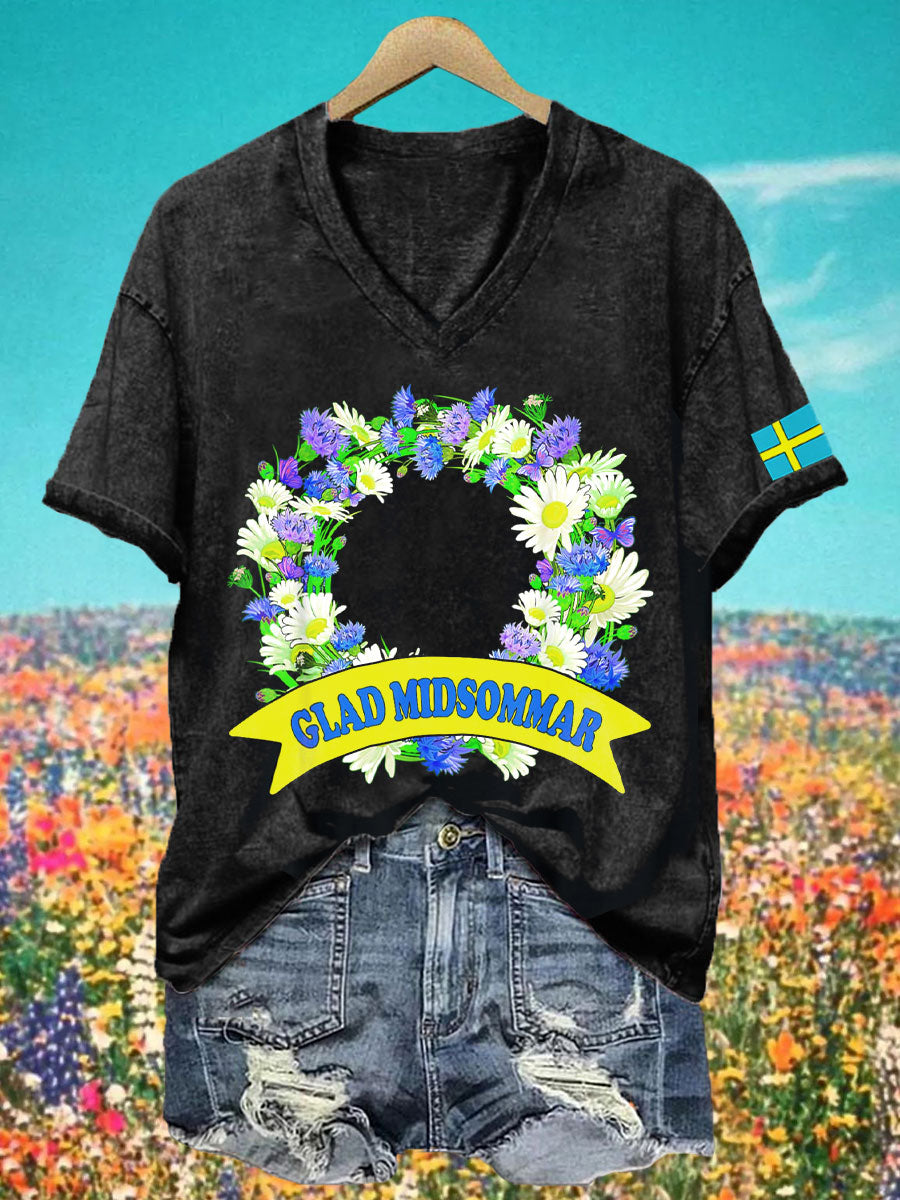 T-shirt à col V imprimé Midsummer Femme