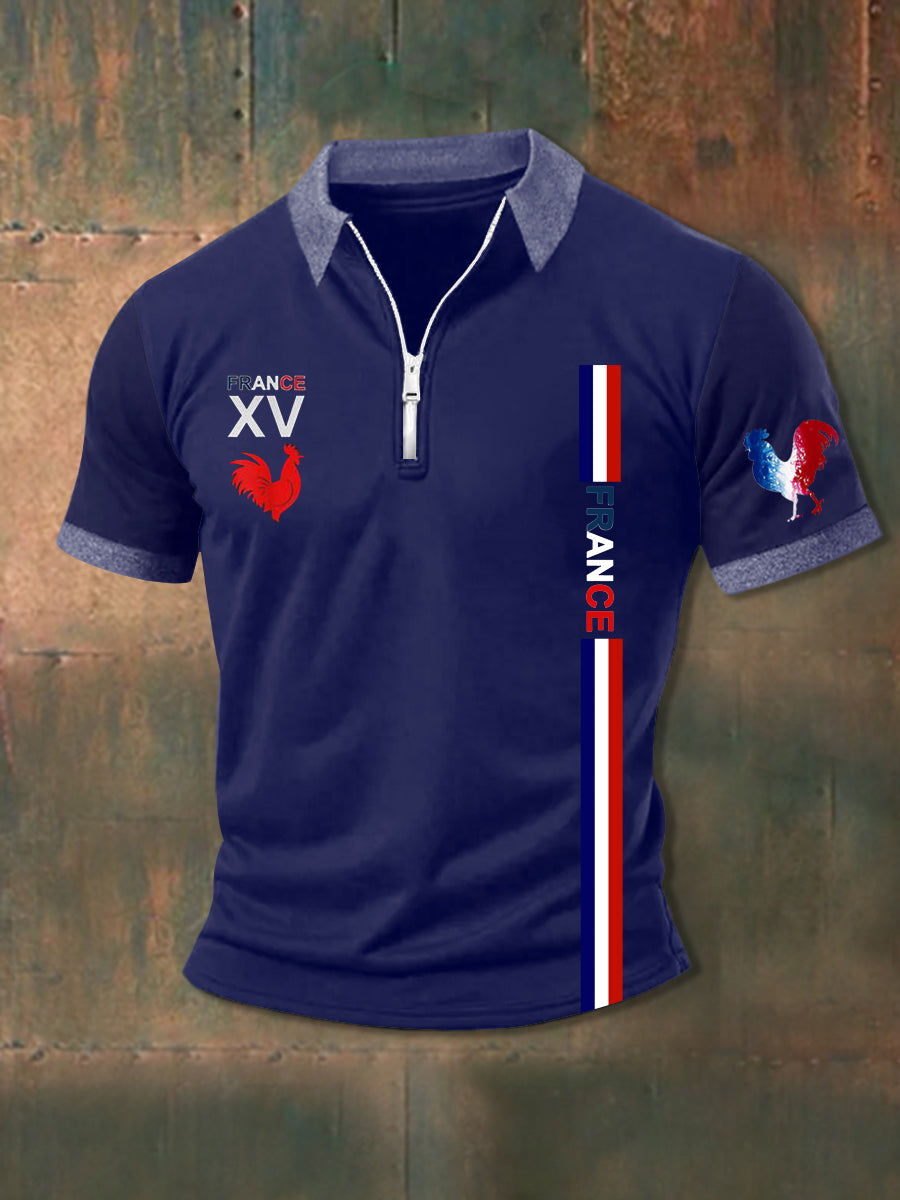 Polo zippé à manches courtes France XV Le Coq Gaulois Homme Bleu Marine / S