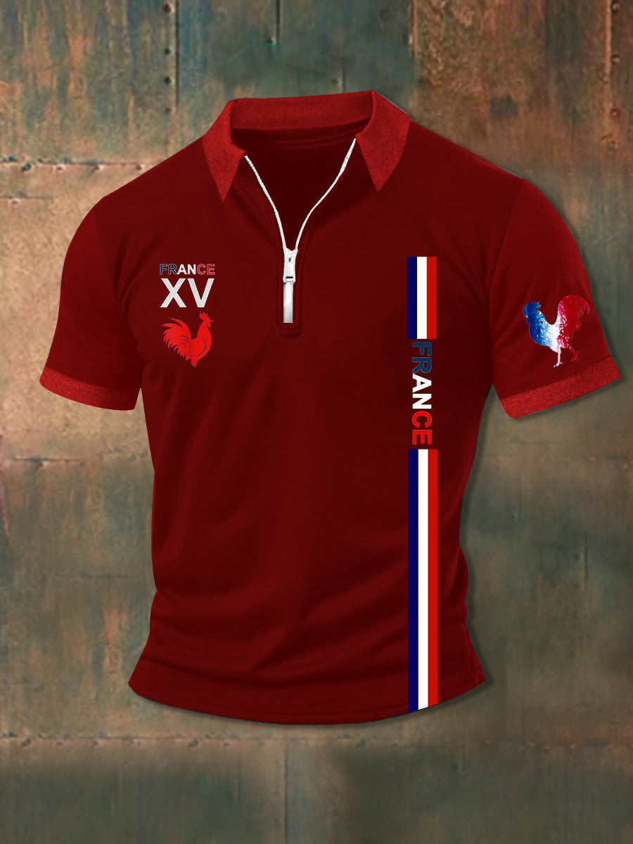 Polo zippé à manches courtes France XV Le Coq Gaulois Homme Rouge / S