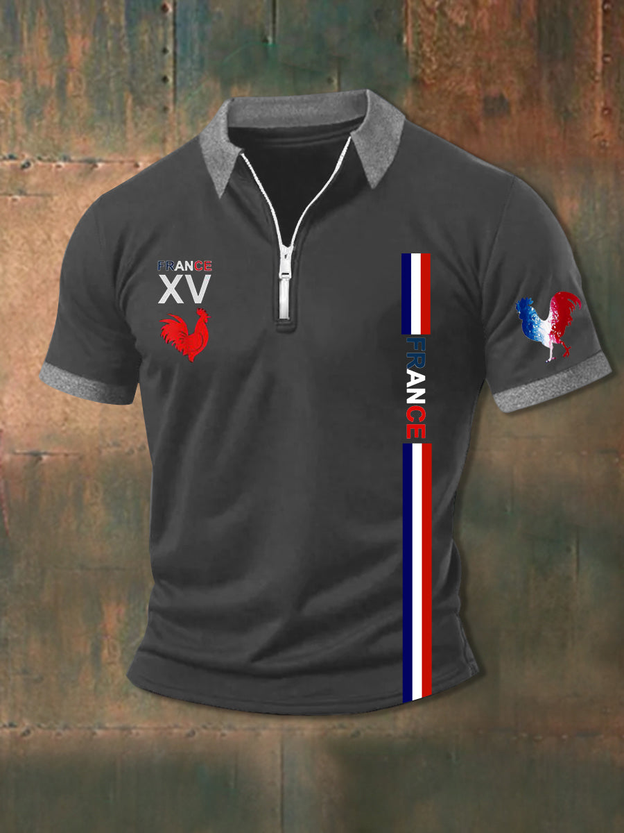 Polo zippé à manches courtes France XV Le Coq Gaulois Homme Gris / S
