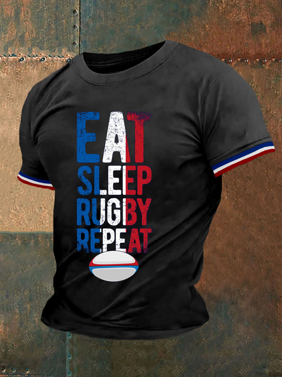 T-shirt manches courtes à répétition de rugby Eat Sleep pour homme Noir / S
