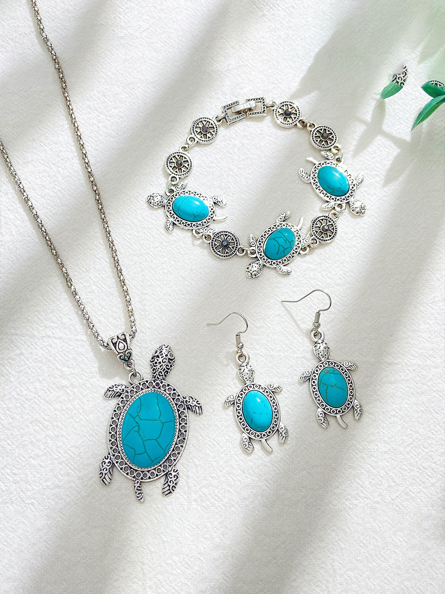 Femmes Turquoise Tortue Boucles d'oreilles Bracelet Collier Trois pièces Ensemble