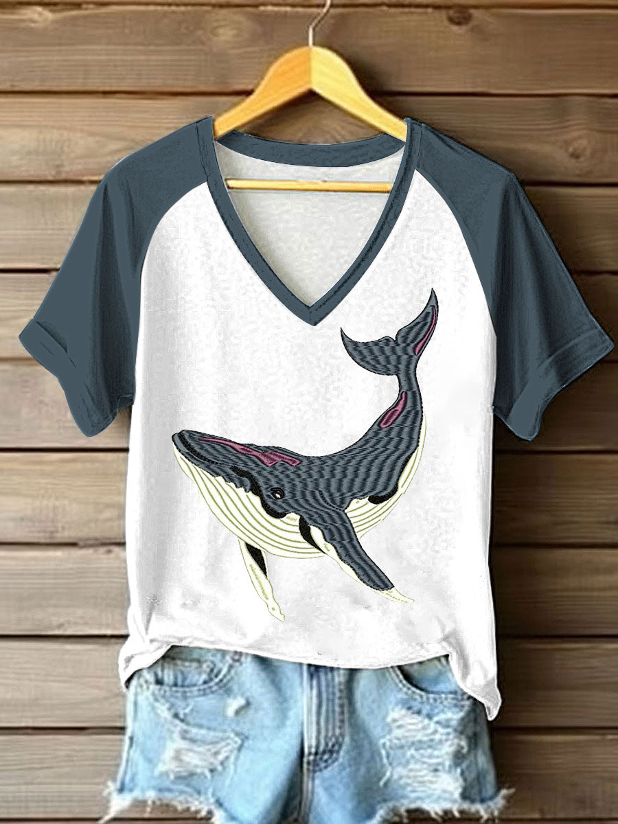 Tee-shirt Femme Imprimé Baleine de Mer Col V