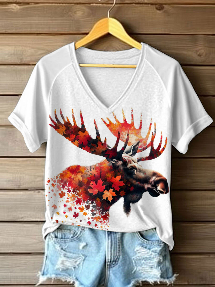 T-shirt à col en V à imprimé naturel pour femmes