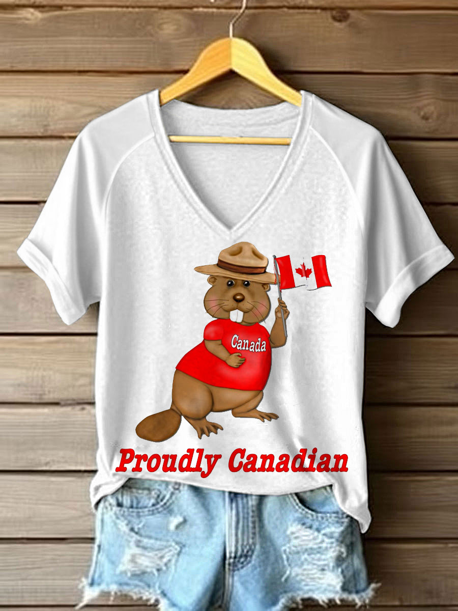 T-shirt à col en V à imprimé castor fièrement canadien mignon pour femmes