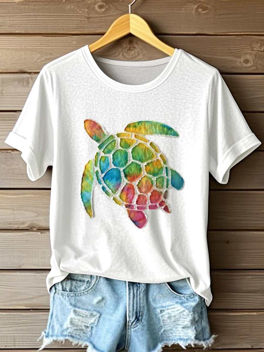 T-shirt Tie-Dye Patchwork Motif Tortue de Mer Femme