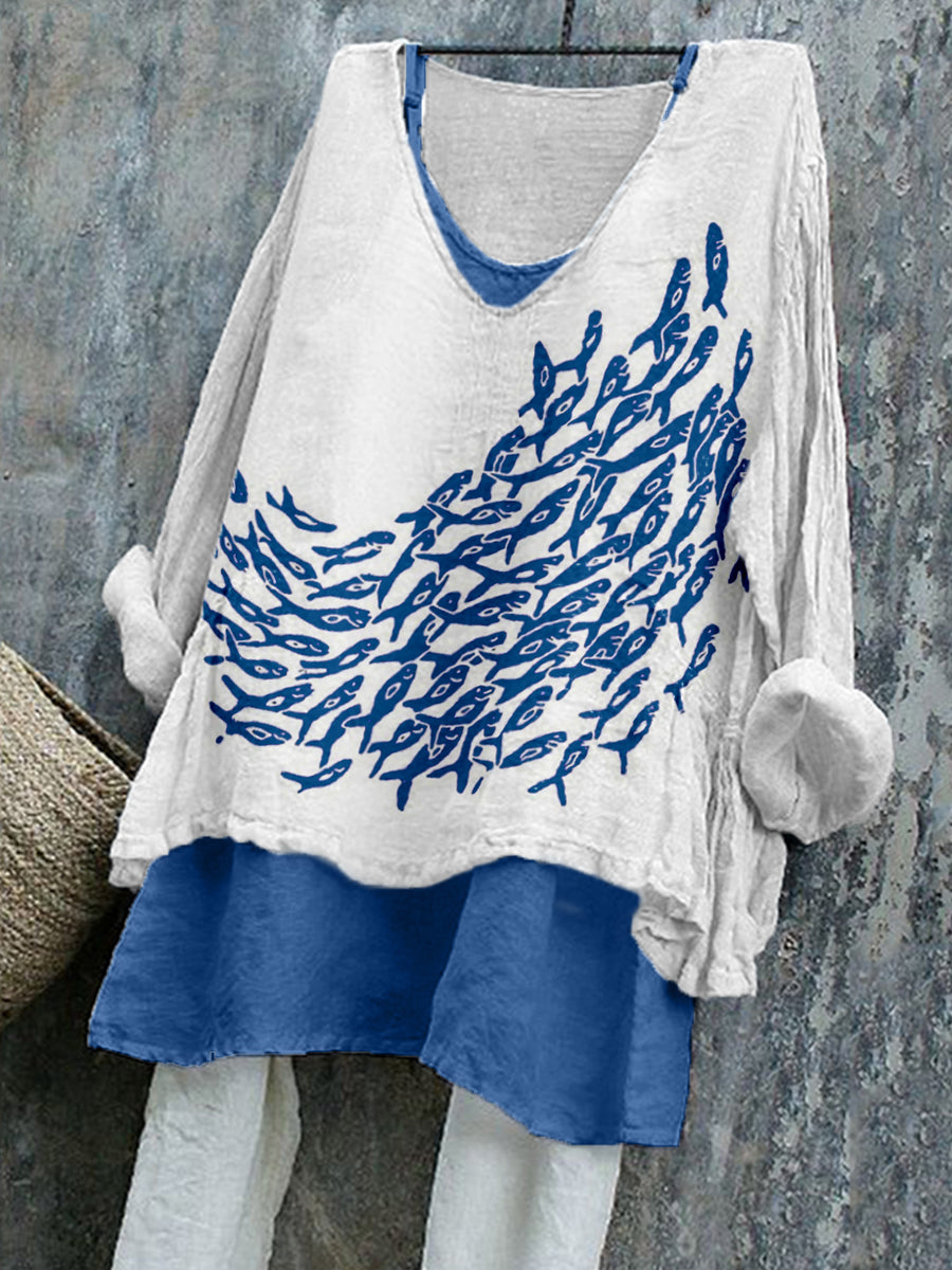 Chemise Femme Vintage Poisson Imprimé Lin