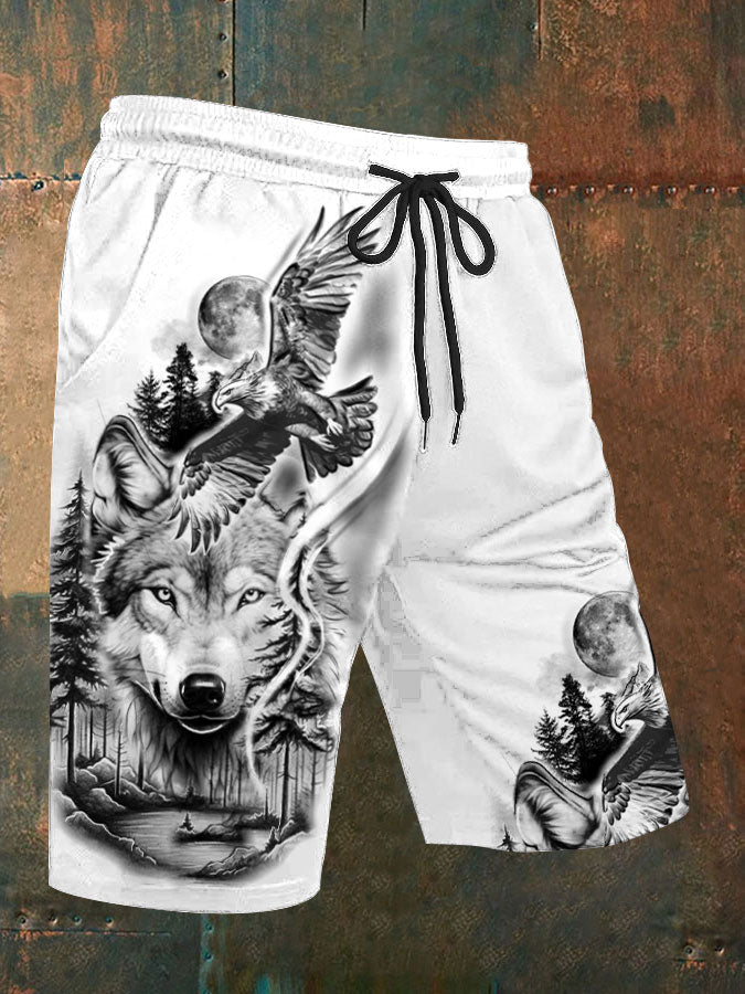 Short décontracté imprimé loup pour homme
