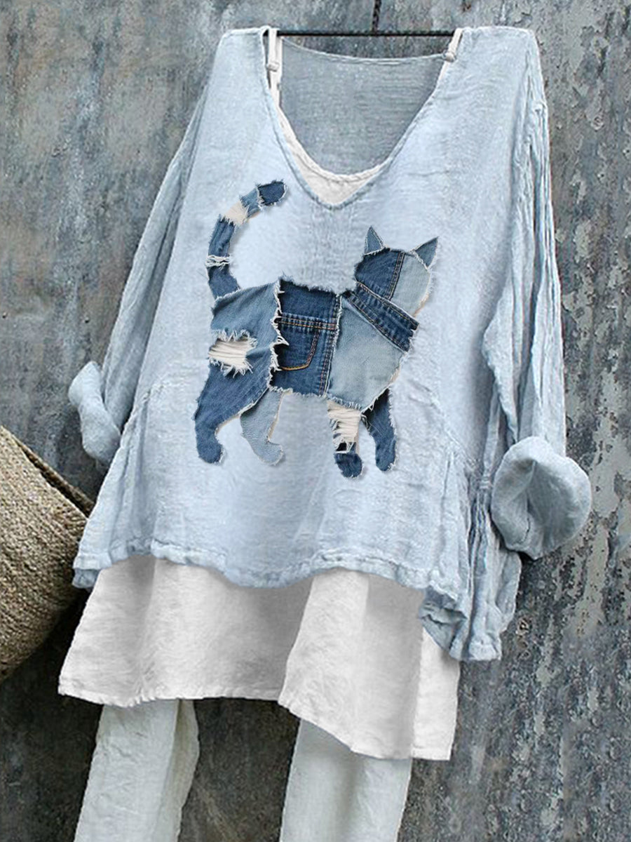 Chemise en lin mignon chat patchwork art femmes