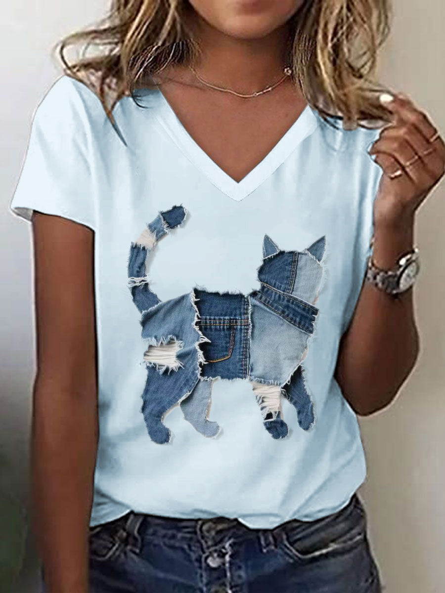 Motif de chat mignon Patchwork Art V-Neck T-Shirt des femmes
