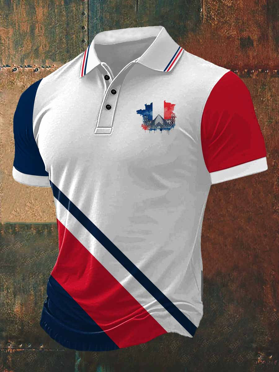 Paris Scenery Print Polo Neck T-shirt à manches courtes pour hommes