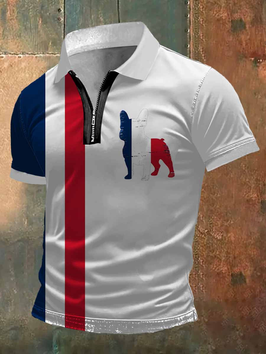 French Bulldog Print Zip-Up Polo Neck T-shirt à manches courtes pour hommes