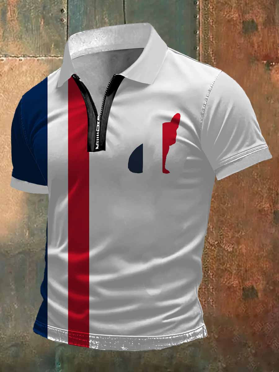French Bulldog Print Zip-Up Polo Neck T-shirt à manches courtes pour hommes