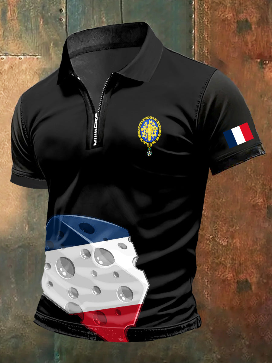 T-shirt à manches courtes à col polo avec fermeture à glissière France Cheese pour homme