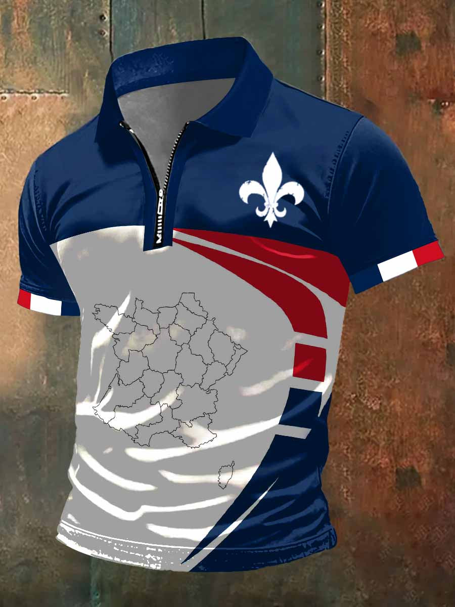 T-shirt à manches courtes à col polo zippé France Map Print pour homme