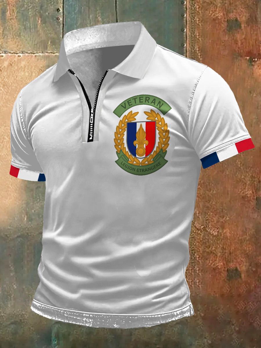 T-shirt à manches courtes à col polo à imprimé vétéran pour hommes