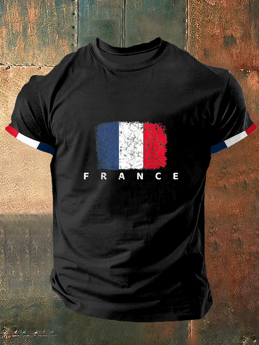 T-shirt à manches courtes de mode vintage imprimé drapeau France pour hommes