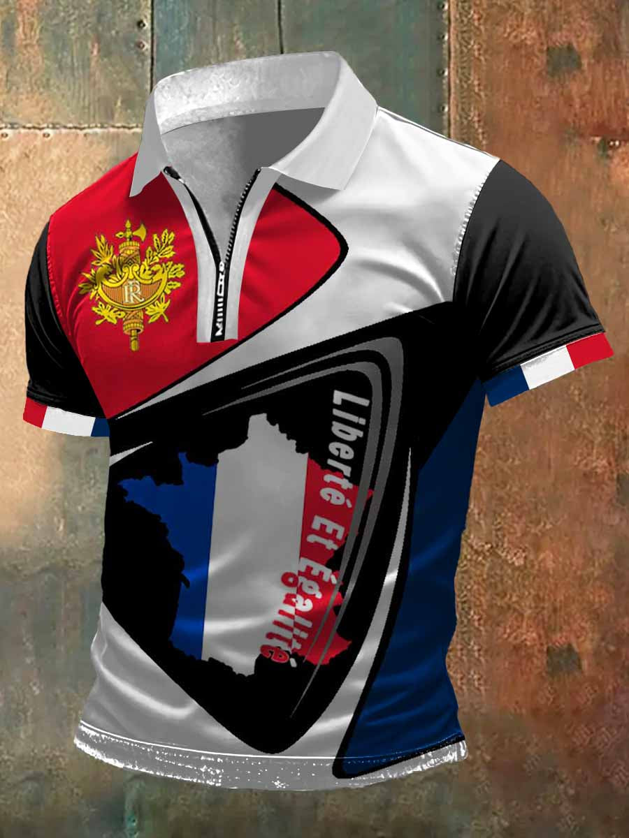 T-shirt imprimé à col polo zippé à manches courtes Liberté Et Égalité