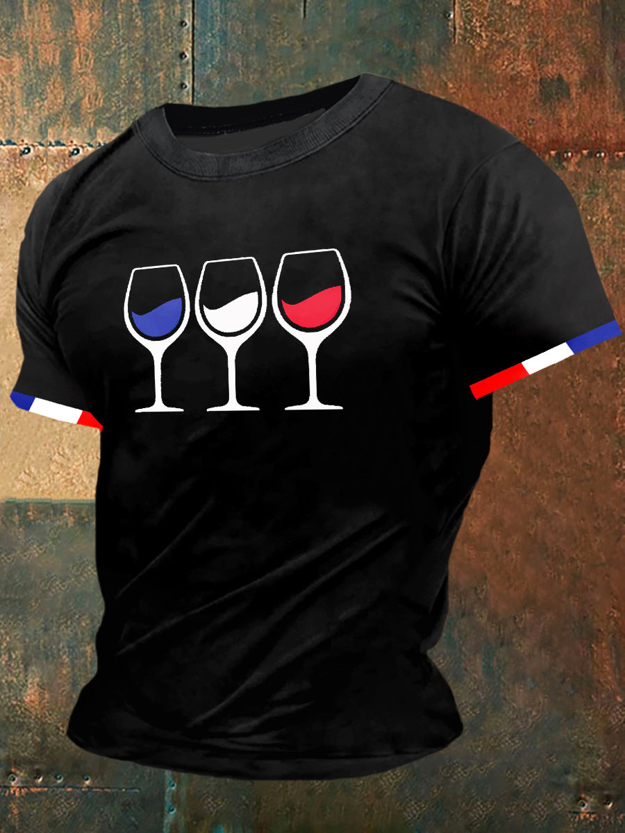 T-shirt à manches courtes France Wine Print Vintage Fashion pour hommes