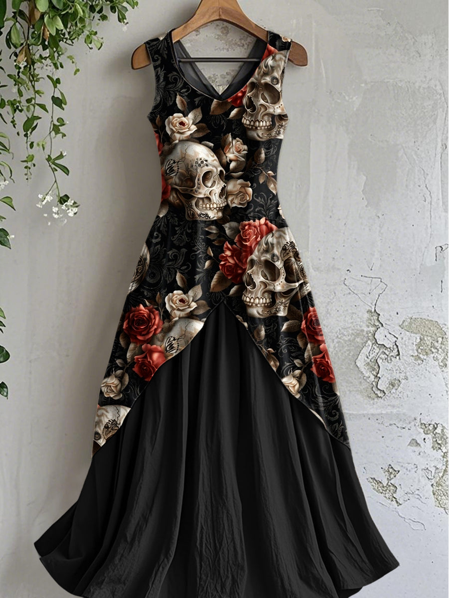 Robe mi-longue sans manches à imprimé floral crâne vintage