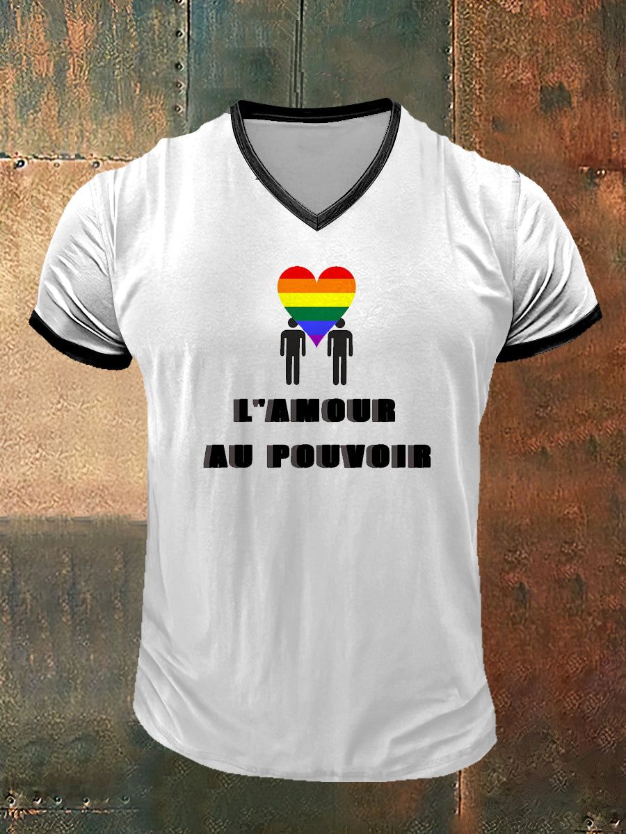 Arc-en-ciel coeur imprimé mode Vintage manches courtes v-Neck T-Shirt hommes