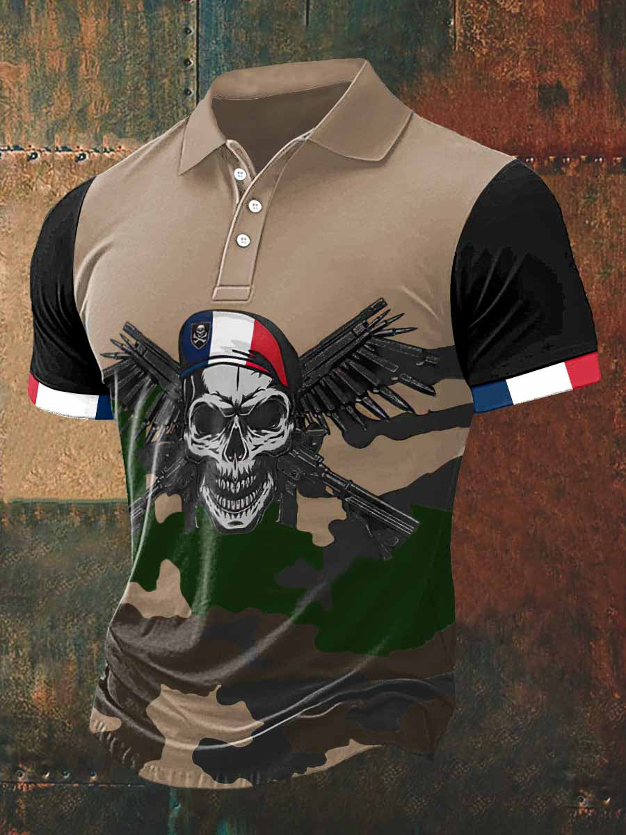 Skull Soldier Print Polo Neck T-shirt à manches courtes pour hommes