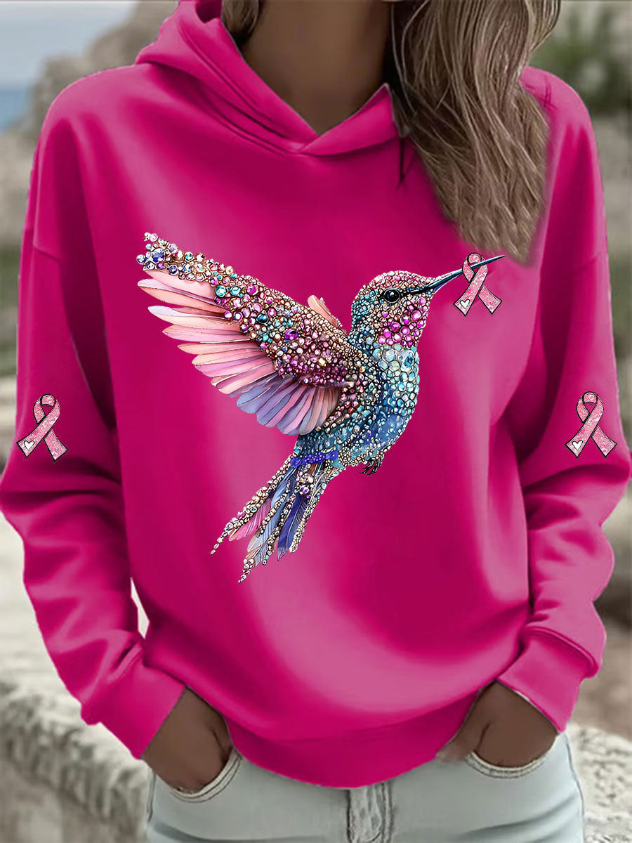 Sweat à Capuche Femme Rose Imprimé Colibri