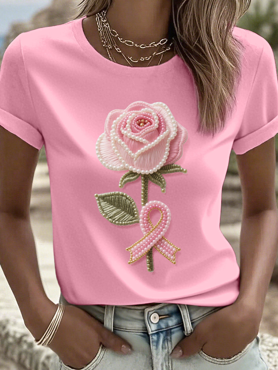 Strass Art Rose Ruban et Floral Motif T-Shirt des femmes