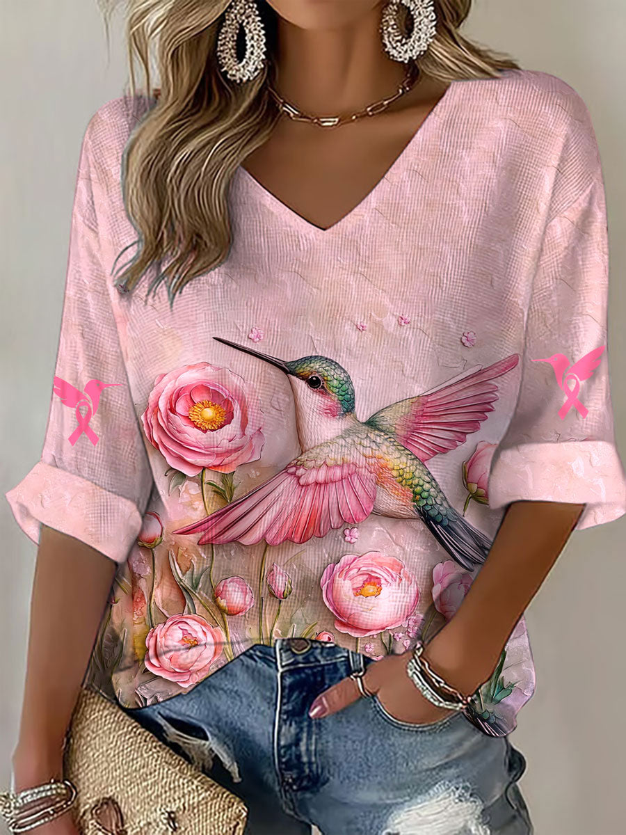 Women's Breast Cancer Awareness Pink Colibri V-Neck Waffle Top