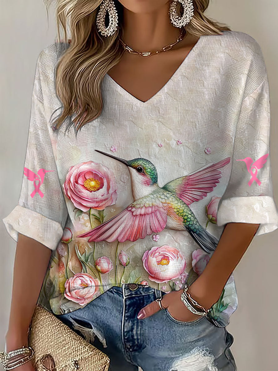 Women's Breast Cancer Awareness Pink Colibri V-Neck Waffle Top