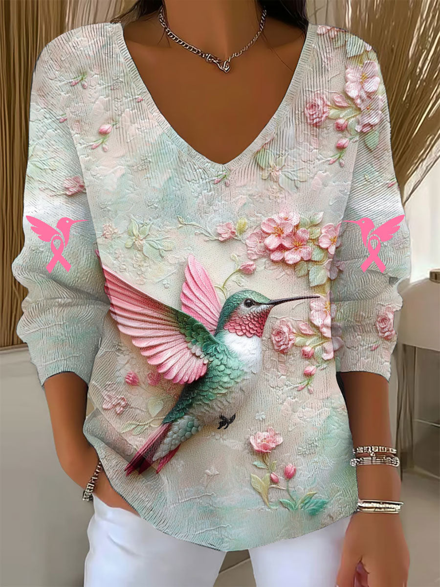 Top Femme Rose Colibri Imprimé Col En V Sensibilisation Au Cancer Du Sein