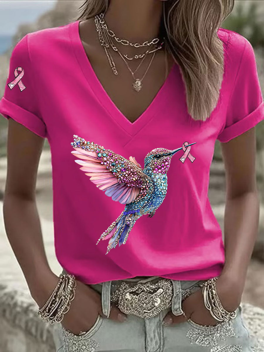 T-shirt décontracté à col en V à imprimé ruban rose pour femmes