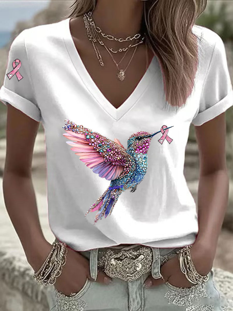 T-shirt décontracté à col en V à imprimé ruban rose pour femmes