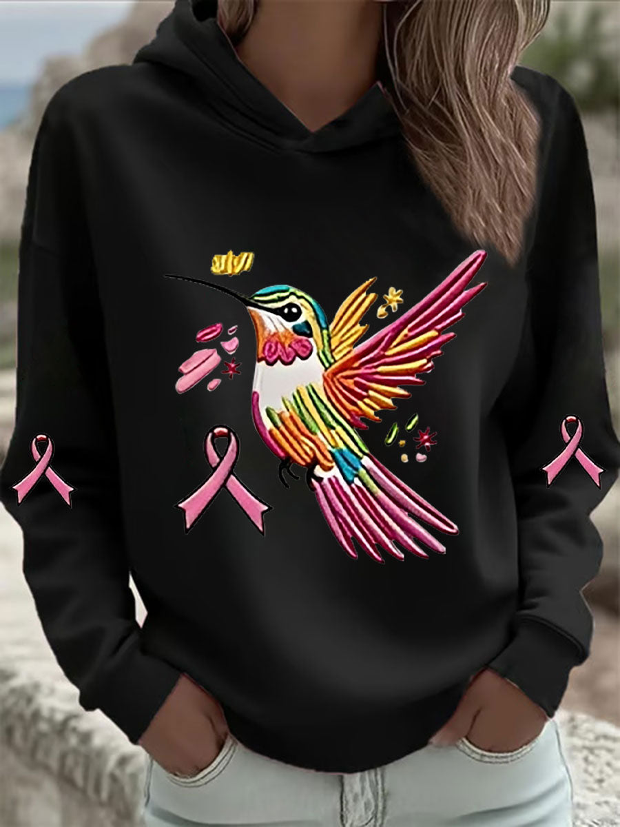 Sweat à Capuche Femme Rose Imprimé Colibri